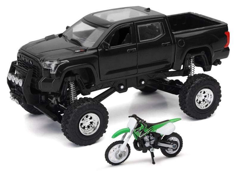 New Ray Toys Toyota Tundra Pro Lifted Truck Black with Kawasaki Dirt Bike 1:32 Scale - SS-54446