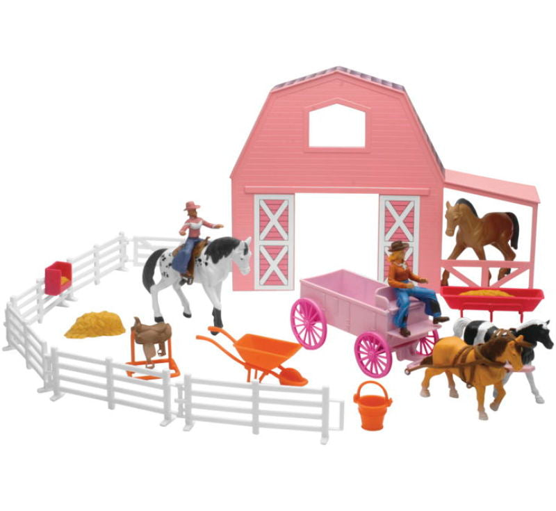 New Ray Toys Valley Ranch Set with Pink Barn, Horses, Cowgirls and Fences/ Scale 1:32 - SS-05786