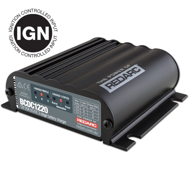 REDARC DC/DC 3-Stage In-Vehicle Battery Charger (Ignition Control) - 12V 20A - BCDC1220-IGN