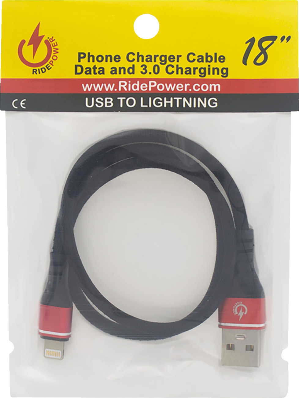 RIDEPOWER 18" Male USB to Male Lightning Phone Charging Cable 3.0 - Male USB to Male Lightning Cable / Phone / Charger / 18" / Black/Red 3807-0715