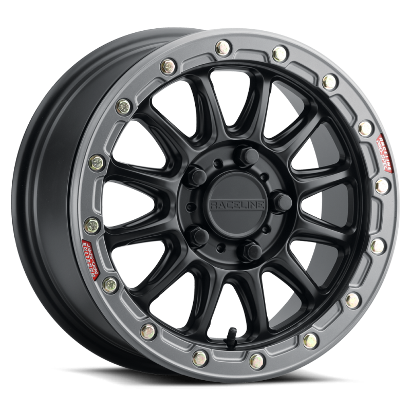 Raceline A14GR Alpha 15x7in/5x114.3 BP/53mm Offset/68mm Bore - Gunmetal & Red Ring Beadlock Wheel - A14GR-57012+53
