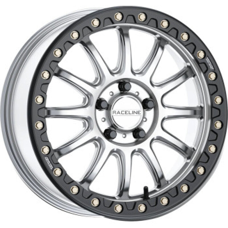 Raceline A14SB Alpha 17x7in/5x114.3 BP/40mm Offset/68mm Bore - Silver & Blk Ring Beadlock Wheel - A14SB-77012+40
