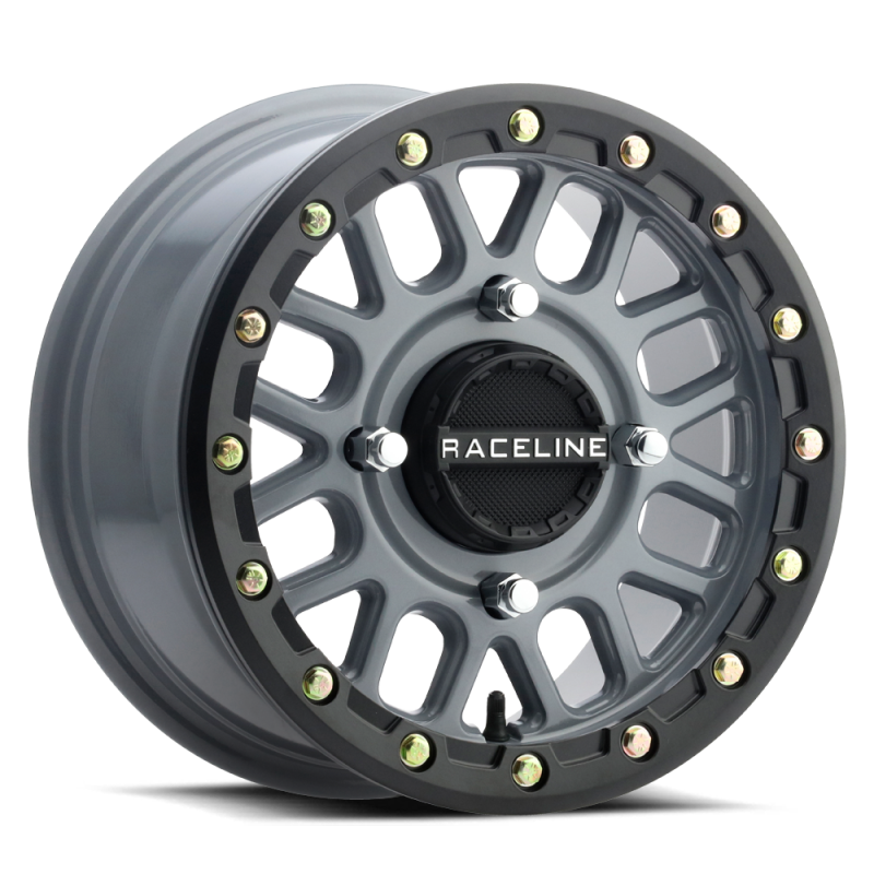 Raceline A93SG Podium 14x7in/4x137 BP/10mm Offset/110.18mm Bore - Grey & Black Ring Beadlock Wheel - A93SG-47037+10