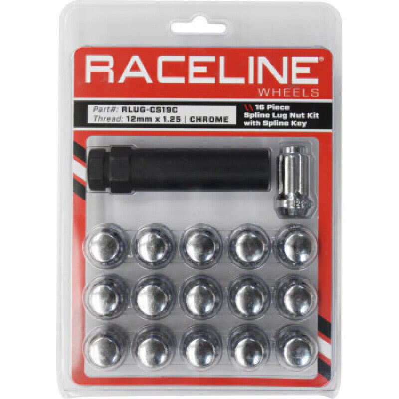 Raceline Spline Lug Nut Kit with Spline Key 12 x 1.2025-2016 Pack - Chrome - RLUG-CS19C
