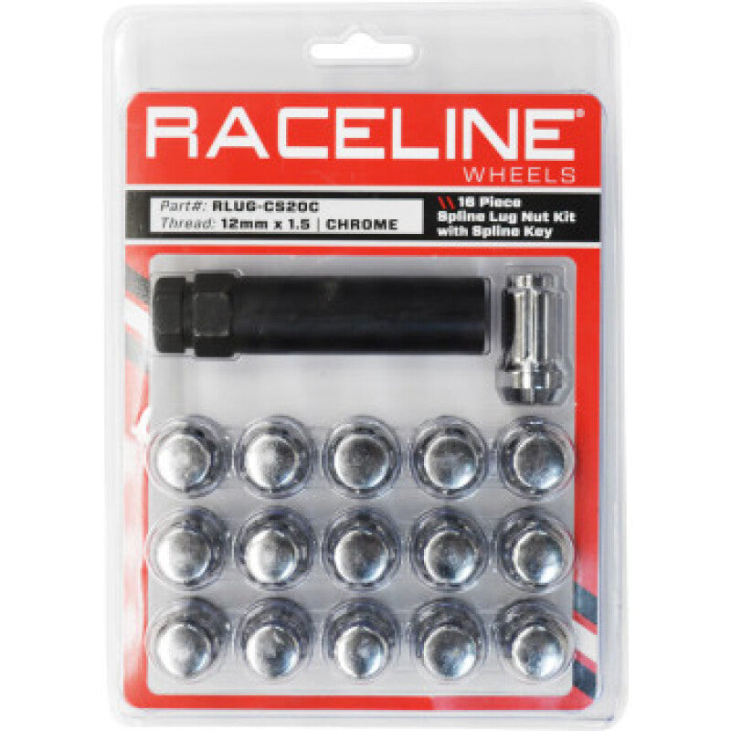 Raceline Spline Lug Nut Kit with Spline Key 12 x 1.5 - 16 Pack - Chrome - RLUG-CS20C