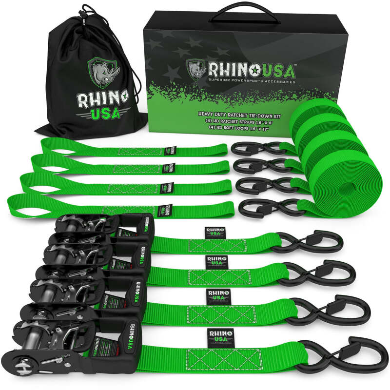 Rhino USA Heavy Duty Ratchet Tie-Down 4-Pack Green 1.6In X 15Ft - TD-GC1.6X15-GRN