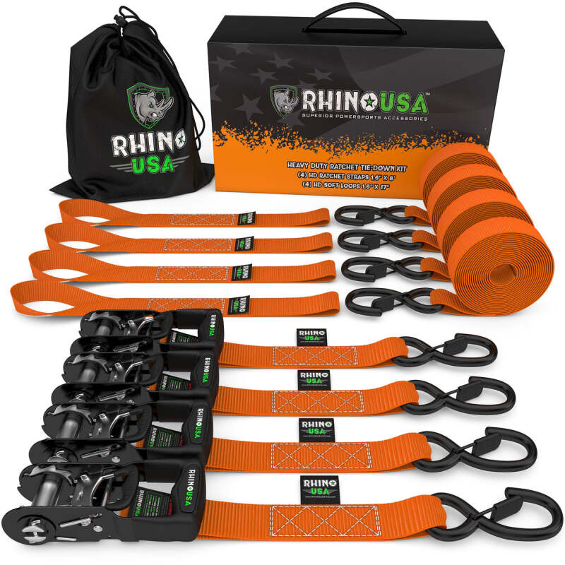 Rhino USA Heavy Duty Ratchet Tie-Down 4-Pack (Orange) 1.6In X 8Ft - HDKIT-4PK-ORG
