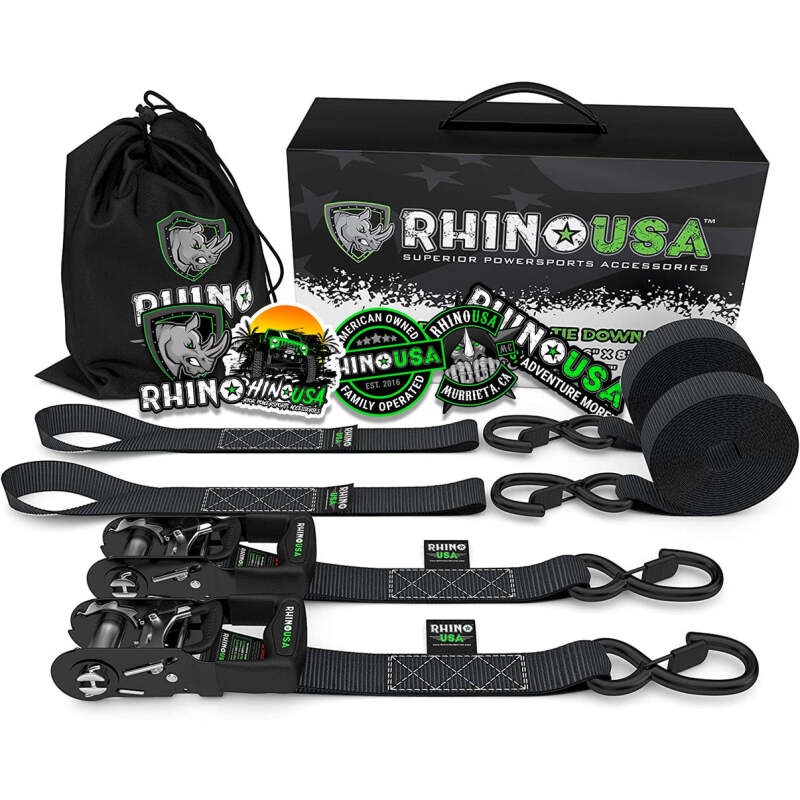 Rhino USA Heavy Duty Ratchet Tie-Downs 2-Pack (Black) 1.6In X 8Ft - GRLA-TDWN-SET