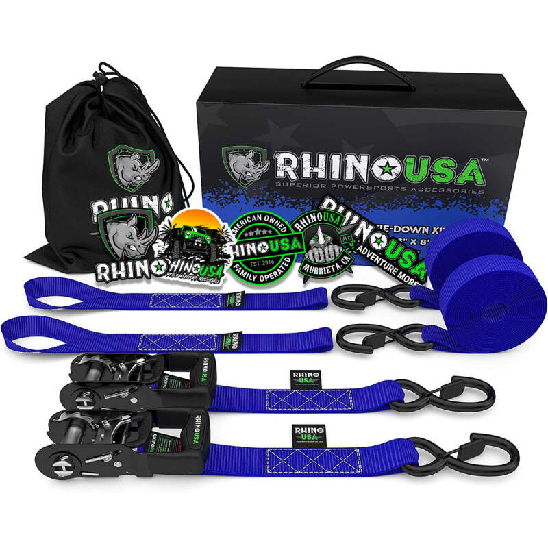 Rhino USA Heavy Duty Ratchet Tie-Downs 2-Pack (Blue) 1.6In X 8Ft - HDKIT-2PK-BLU