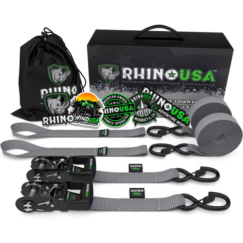 Rhino USA Heavy Duty Ratchet Tie-Downs 2-Pack (Gray) 1.6In X 8Ft - HDKIT-2PK-GRY