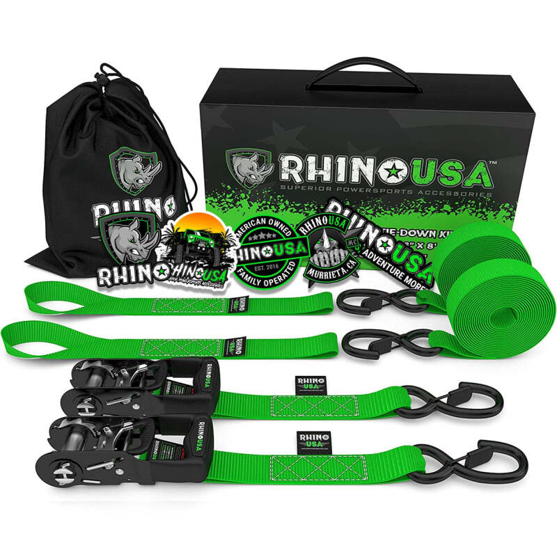 Rhino USA Heavy Duty Ratchet Tie-Downs 2-Pack (Green) 1.6In X 8Ft - HDKIT-2PK-GRN