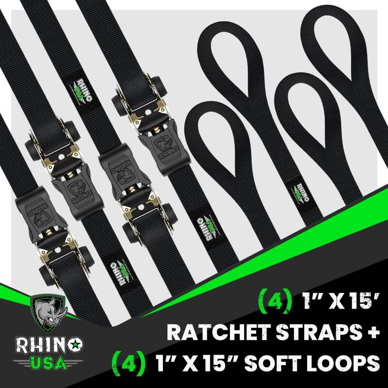Rhino USA Medium Duty Ratchet Strap Tie-Down 4-Pack (Black) - GMG-R1-4PACK