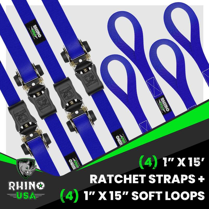 Rhino USA Medium Duty Ratchet Strap Tie-Down 4-Pack (Blue) - RCHT-4PACK-BLU