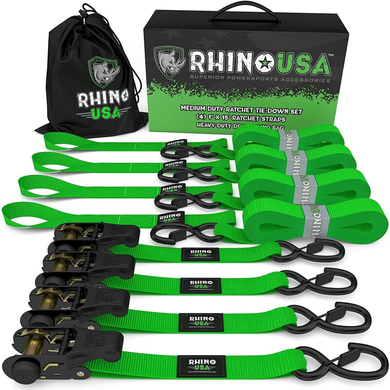 Rhino USA Medium Duty Ratchet Strap Tie-Down 4-Pack (Green) - RCHT-4PACK-GRN