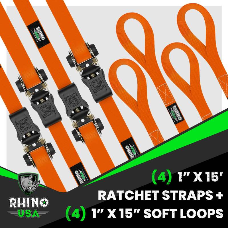 Rhino USA Medium Duty Ratchet Strap Tie-Down 4-Pack (Orange) - RCHT-4PACK-ORG