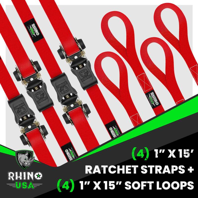 Rhino USA Medium Duty Ratchet Strap Tie-Down 4-Pack (Red) - RCHT-4PACK-RED