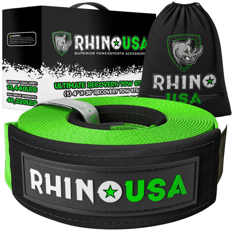 Rhino USA Recovery Tow Strap 4Inx30Ft (Green) - RG-TS4X30-GRN