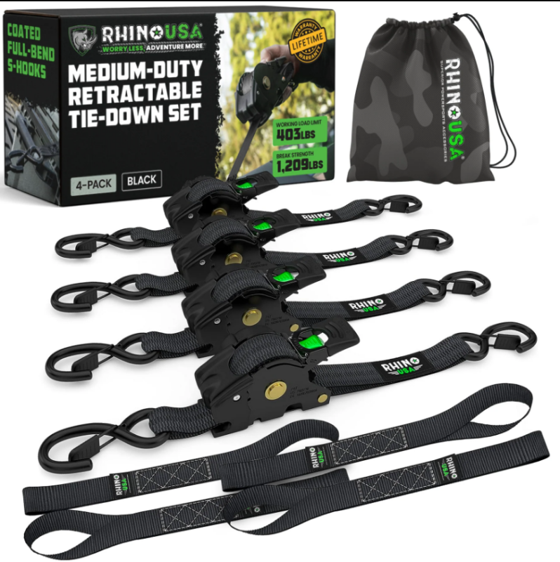 Rhino USA Retractable Ratchet Straps (2Pk 1Inx10Ft) Black - TD-RSRE1X10-2BLK