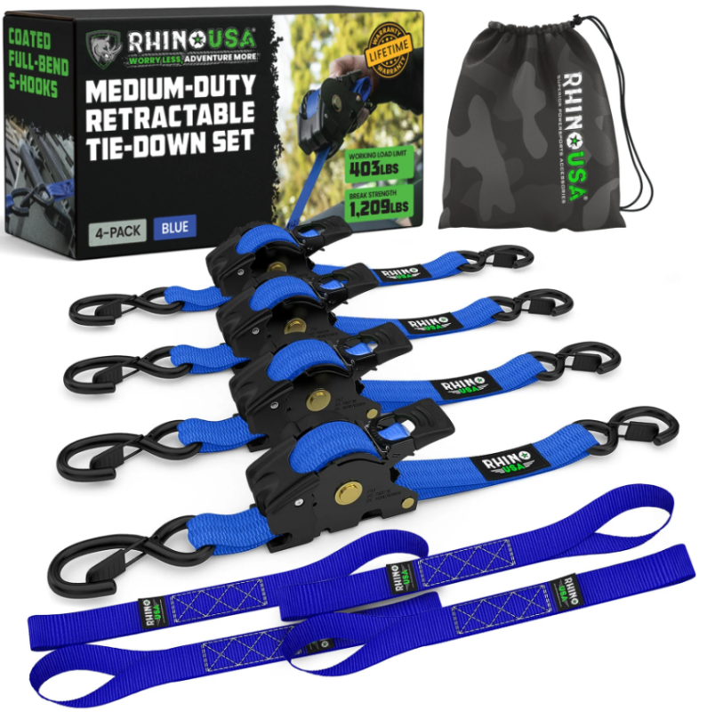 Rhino USA Retractable Ratchet Straps (2Pk 1Inx10Ft) Blue - TD-RSRE1X10-2BLU