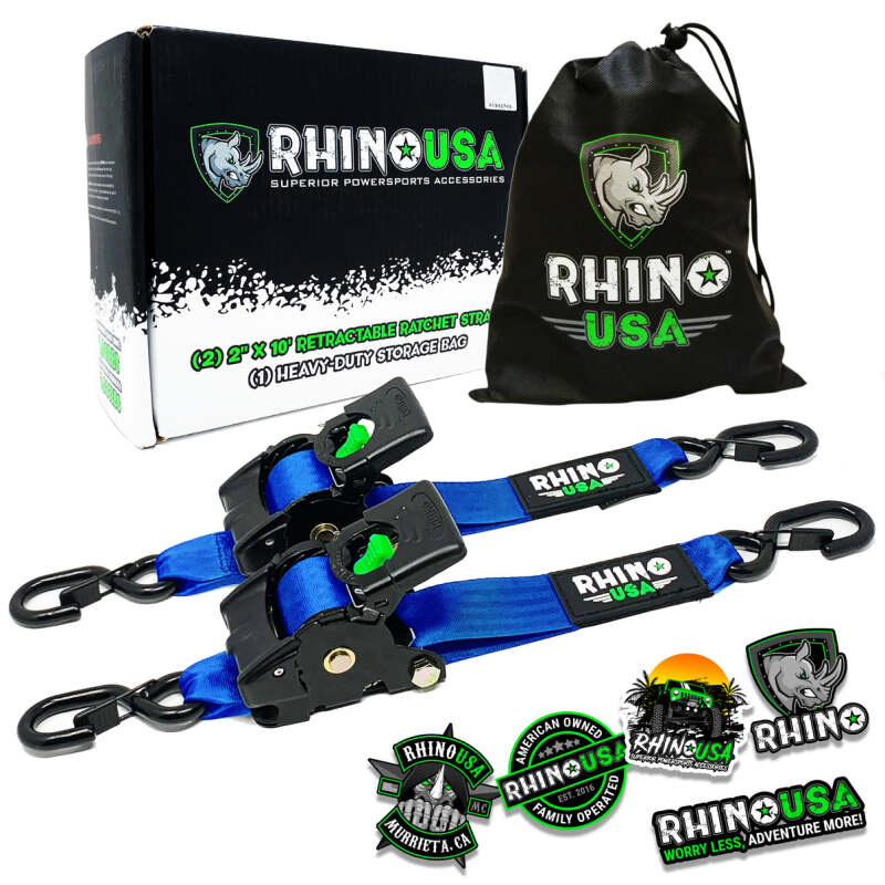 Rhino USA Retractable Ratchet Straps (2Pk 2Inx10Ft) Blue - TD-RSRE2X10-BLU