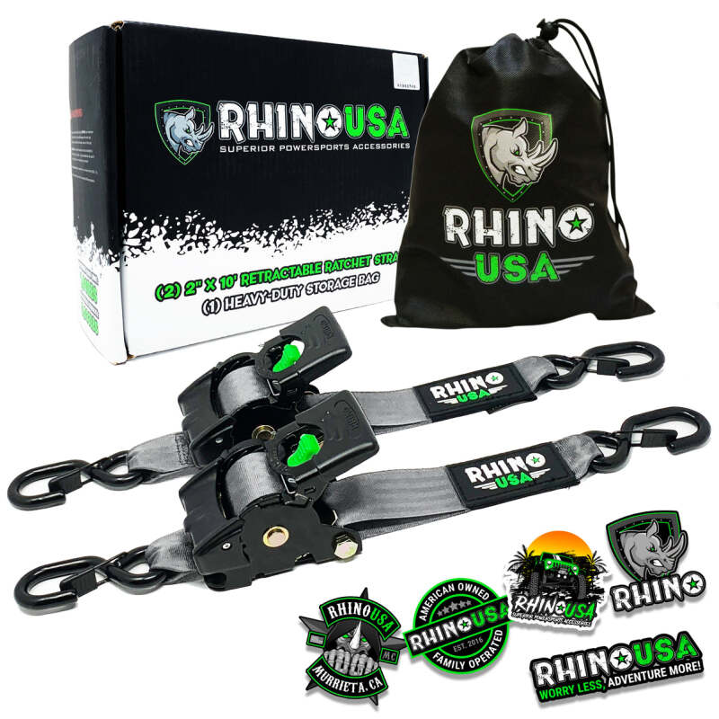 Rhino USA Retractable Ratchet Straps (2Pk 2Inx10Ft) Gray - TD-RSRE2X10-GRY