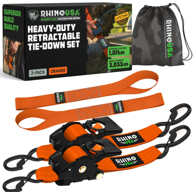 Rhino USA Retractable Ratchet Straps (4 Pack, 2Inx10Ft) (Orange) - TD-RSRE2X10-4ORG