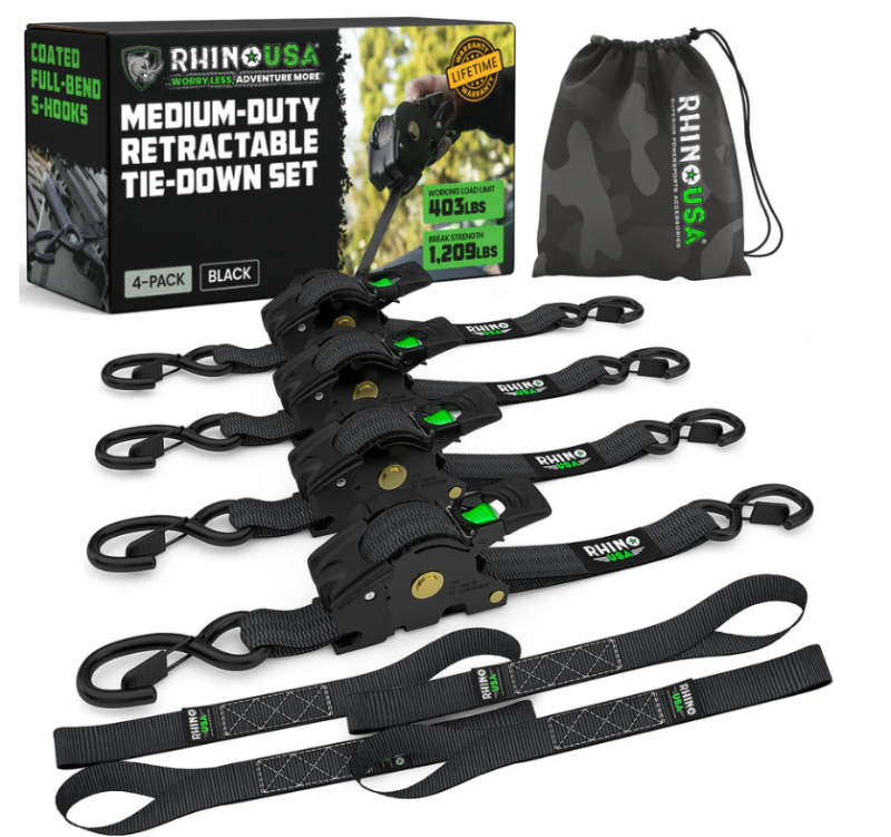 Rhino USA Retractable Ratchet Straps (4Pk 1Inx10Ft) (Black) - TD-RSRE1X10-BLK-R