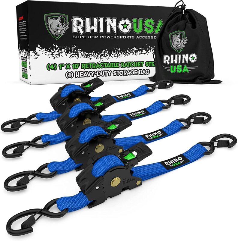 Rhino USA Retractable Ratchet Straps (4Pk 1Inx10Ft) (Blue) - TD-RSRE1X10-BLU