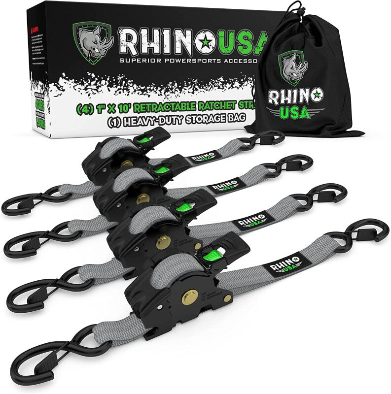 Rhino USA Retractable Ratchet Straps (4Pk 1Inx10Ft) (Gray) - TD-RSRE1X10-GRY
