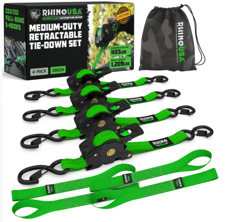 Rhino USA Retractable Ratchet Straps (4Pk 1Inx10Ft) (Green) - TD-RSRE1X10-GRN-R