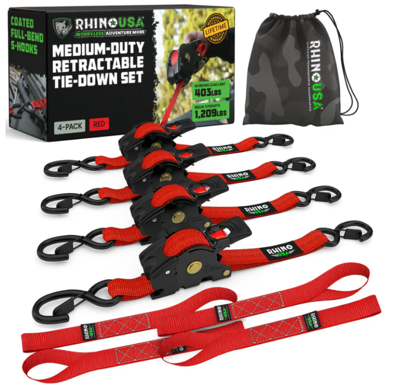 Rhino USA Retractable Ratchet Straps (4Pk 1Inx10Ft) (Red) - TD-RSRE1X10-RED-R