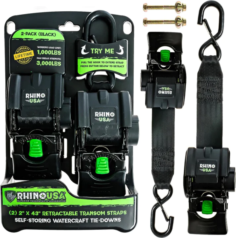 Rhino USA Retractable Transom Straps (2 Pack-Black) - TD-MSTR2X43-BLK