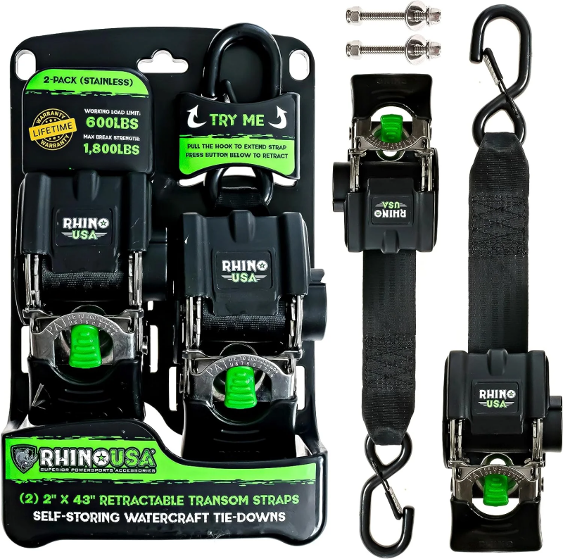 Rhino USA Retractable Transom Straps (2 Pack-Stainless) - TD-MSTR2X43-STNLS