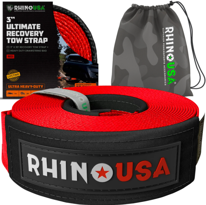 Rhino USA Ultimate Recovery Tow Strap 3In X 20Ft - Red - RG-TS3X20-RED