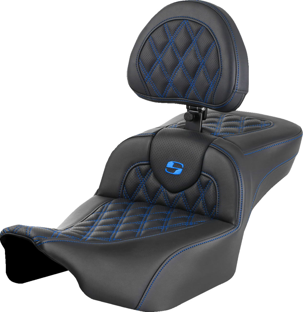 SADDLEMEN Roadsofa™ Extended Reach Seat - with Backrest / Lattice Stitch / Blue Stitch / FLTR/FLHX '23-'24 0801-1731
