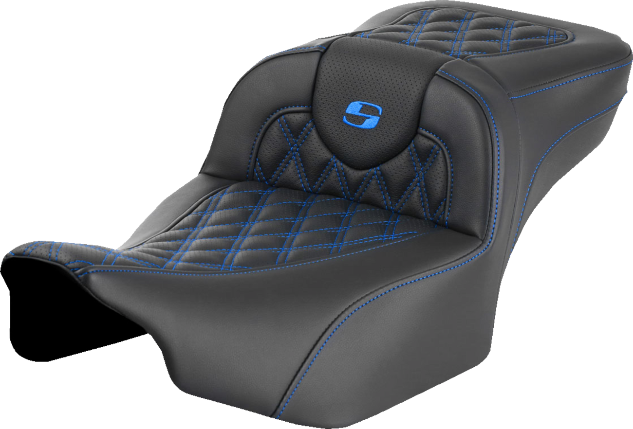 SADDLEMEN Roadsofa™ Extended Reach Seat - without Backrest / Lattice Stitch / Blue Stitch / FLTR/FLHX '23-'24 0801-1725