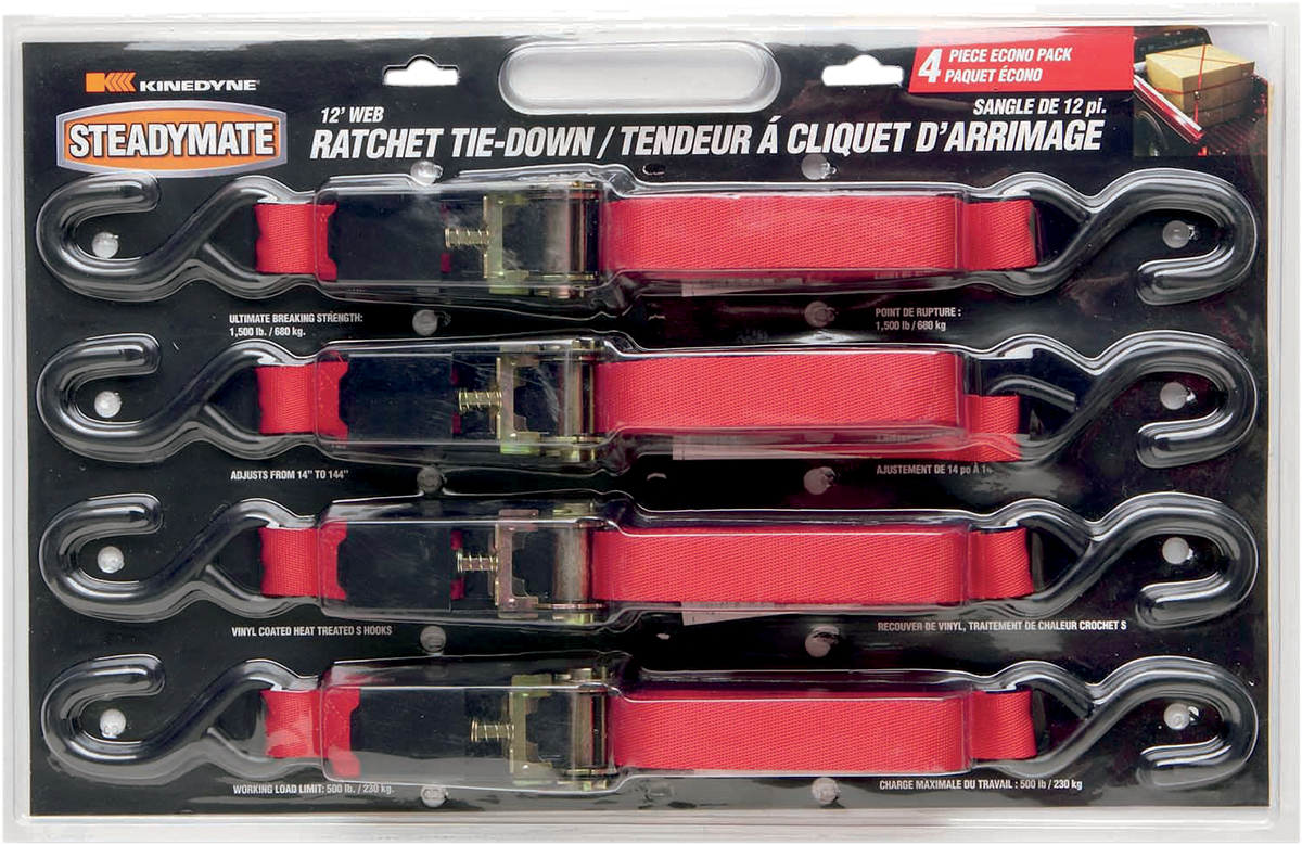 STEADYMATE 1" X 12' Tie-Downs with Ratchet Buckles - Ratchet Tie-Downs / 1" x 1' / 4 Pack / Red 3920-0266