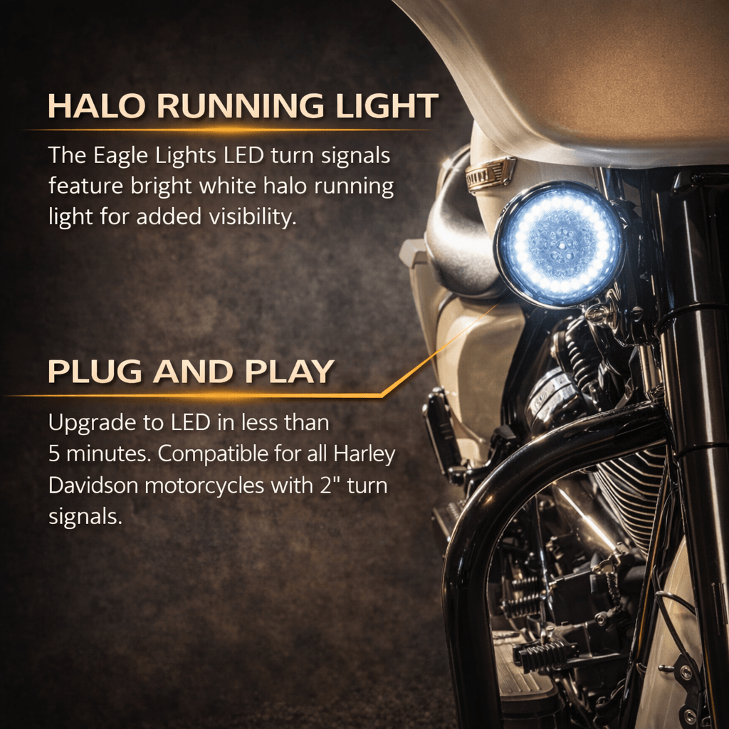Eagle Lights 2” LED Turn Signal and Running Light Kit for Harley-Davidson® Motorcycles- Generation I / 1157 Front / 1156 Red Rear