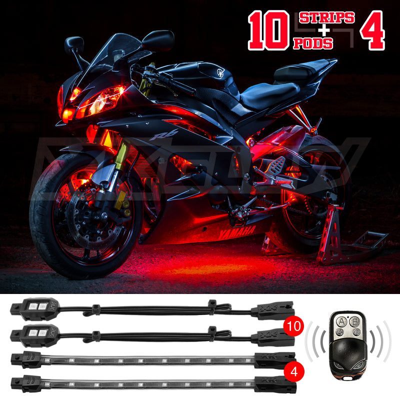 XKGLOW XK Glow Single Color XKGLOW LED Accent Light Motorcycle Kit Red - 10xPod + 4x8InStrips - XK034002-R