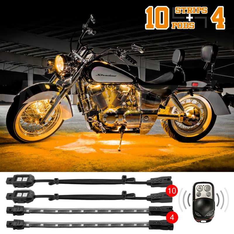 XKGLOW XK Glow Strips Single Color XKGLOW LED Accent Light Motorcycle Kit Amber - 10xPod + 4x8In - XK034002-A