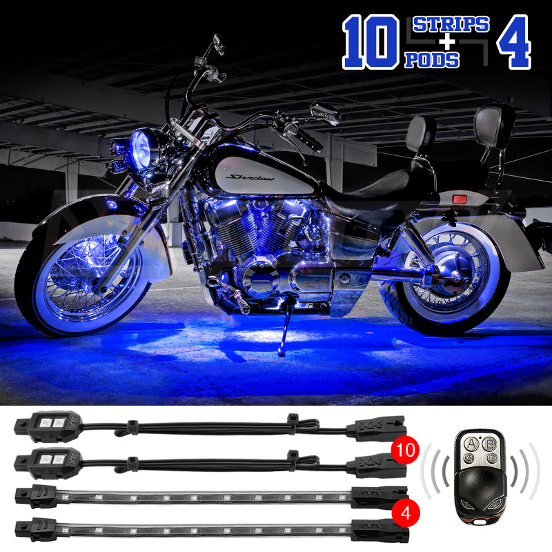 XKGLOW XK Glow Strips Single Color XKGLOW LED Accent Light Motorcycle Kit Blue - 10xPod + 4x8In - XK034002-B
