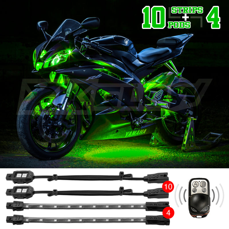 XKGLOW XK Glow Strips Single Color XKGLOW LED Accent Light Motorcycle Kit Green - 10xPod + 4x8In - XK034002-G