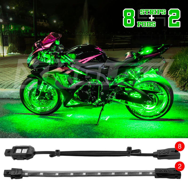 XKGLOW XK Glow Strips Single Color XKGLOW LED Accent Light Motorcycle Kit Green - 8xPod + 2x8In - XK034001-G