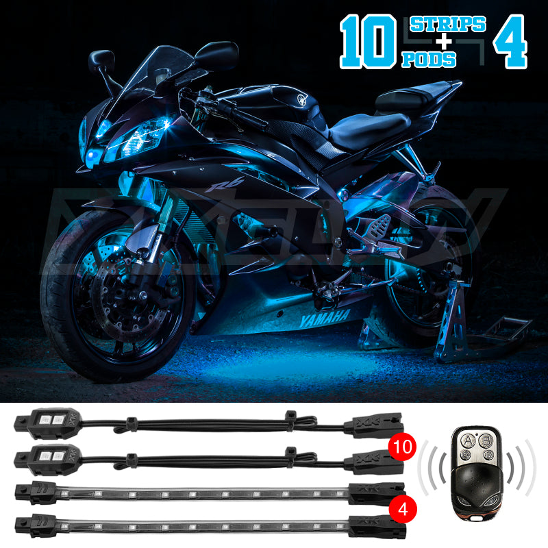 XKGLOW XK Glow Strips Single Color XKGLOW LED Accent Light Motorcycle Kit Light Blue - 10xPod + 4x8In - XK034002-AB