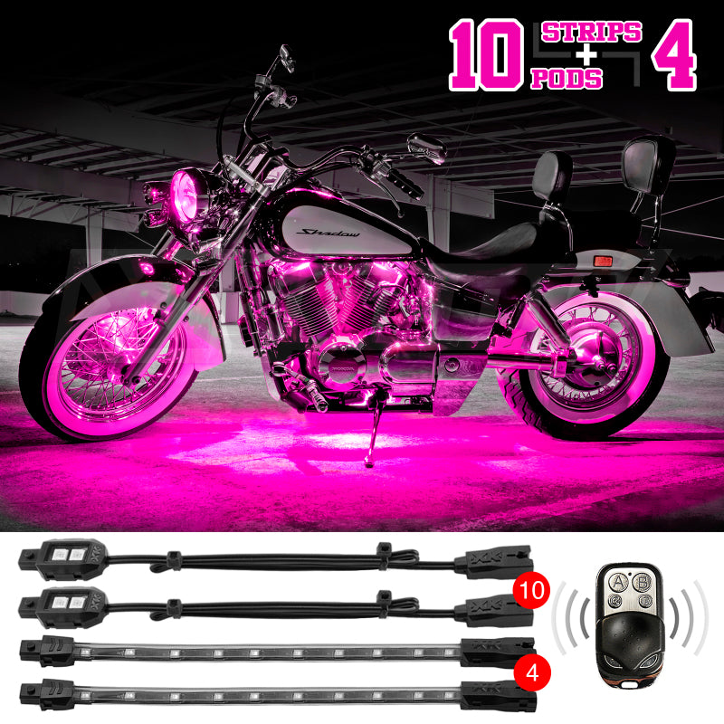 XKGLOW XK Glow Strips Single Color XKGLOW LED Accent Light Motorcycle Kit Pink - 10xPod + 4x8In - XK034002-P