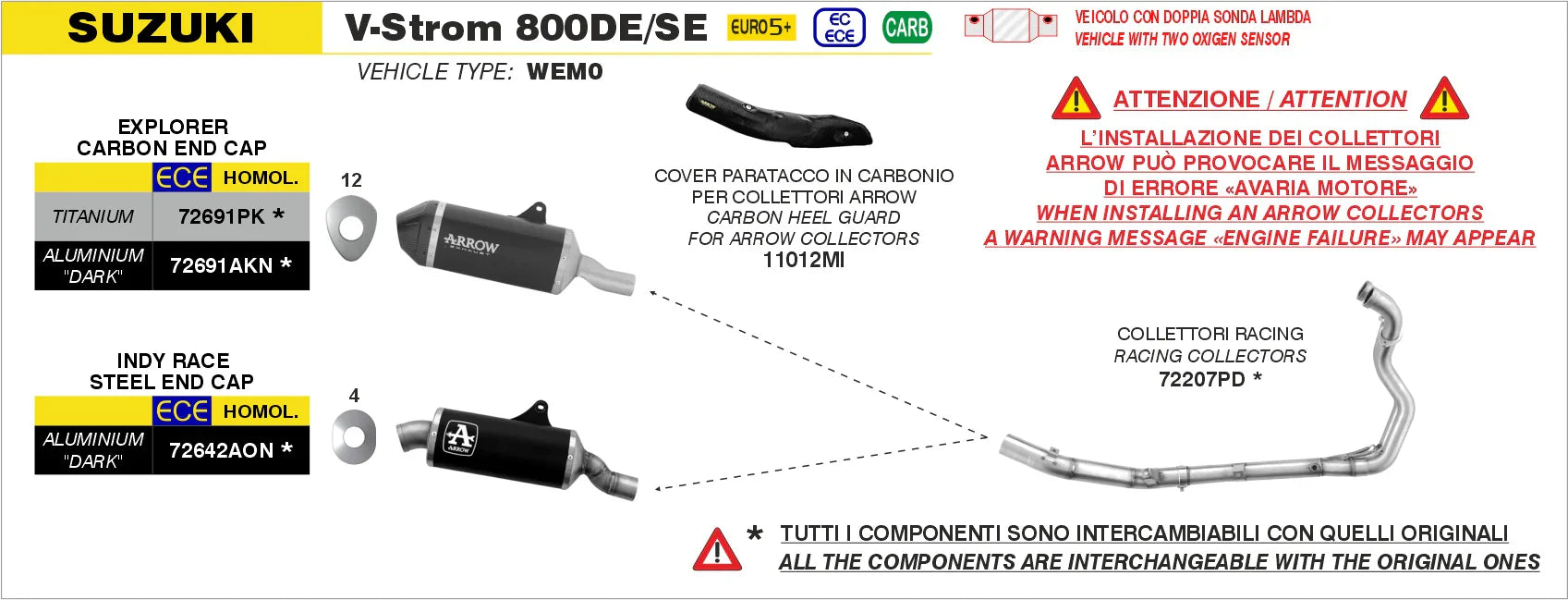 Arrow Suzuki V-Strom 800de/Se E5+ 2025 Stainless Steel Collectors - 72207pd