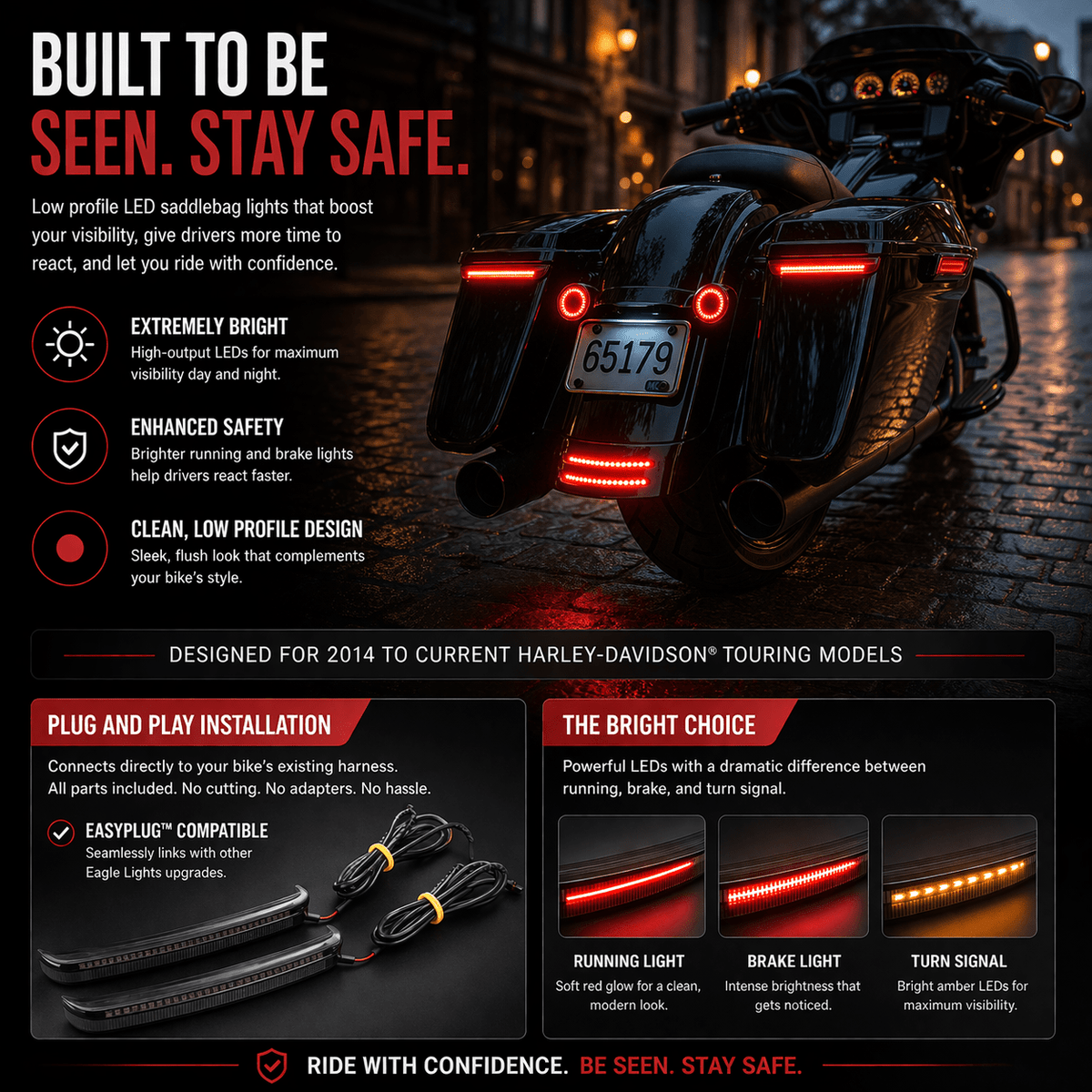 Eagle Lights Low Profile Saddlebag LED Tail Lights with Sequential Turn Signals, Running Lights and Brake Lights for 2014 to Current Harley-Davidson® Touring Models