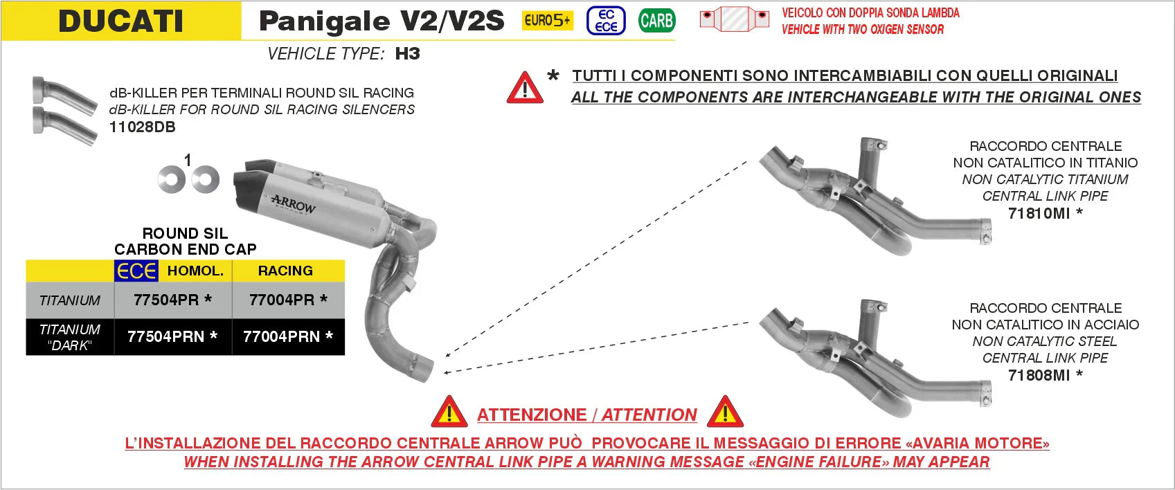Arrow Ducati Panigale V2/V2s E5+ 2025 Rh/Lh Round Sil Titanium Silencers + Stainless Steel Link Pipe 77504pr