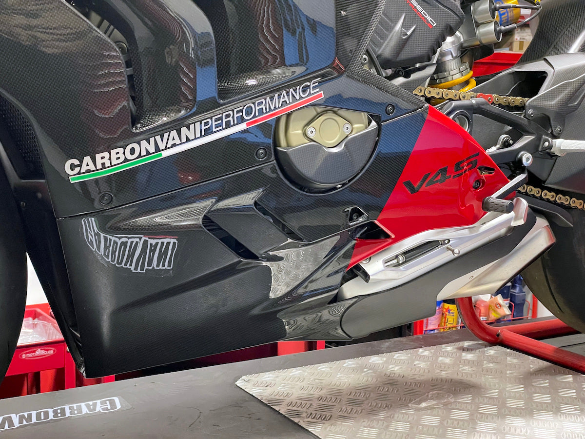 Carbonvani - Ducati Panigale V4 / S / R Carbon Fiber Belly Pan For Akrapovic Exhaust (2 piece kit) - RED (2022+)