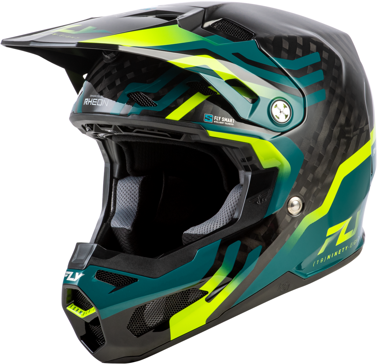 FLY Racing Formula S Carbon Byte Youth Helmet (2026) - Black Carbon / Teal / Lime - View 2